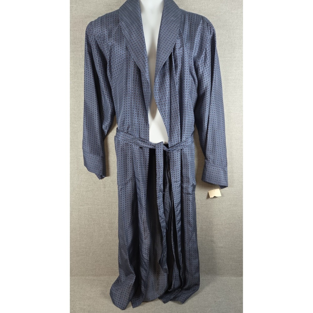 Nautica Sleepwear Silk Robe Mens S/M Long Lounge Wear Belted Blue Geo Print NEW